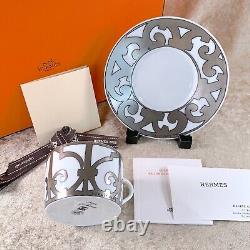 Hermes Paris Tea Cup & Saucer Guadalquivir Rare Platinum Porcelain with Case