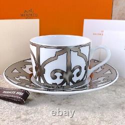 Hermes Paris Tea Cup & Saucer Guadalquivir Rare Platinum Porcelain with Case