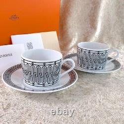 Hermes Paris Tea Cup & Saucer H Deco Porcelain Tableware 2 Sets with Box