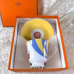 Hermes Paris Tea Cup & Saucer Porcelain Les Jongleurs Circus Yellow Blue with Case