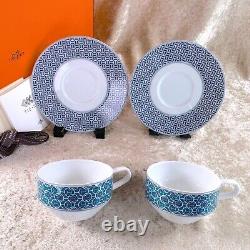 Hermes Paris Tea Cup & Saucer Tie Set Porcelain Tableware 2 Sets with Case