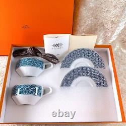 Hermes Paris Tea Cup & Saucer Tie Set Porcelain Tableware 2 Sets with Case