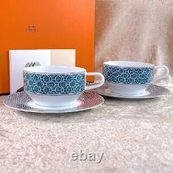 Hermes Paris Tea Cup & Saucer Tie Set Porcelain Tableware 2 Sets with Case