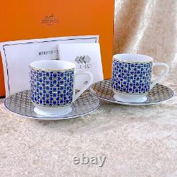 Hermes Paris Tie Set Demitasse Cup & Saucer Porcelain Tableware 2 Sets with Case