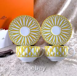 Hermes Soleil d'Hermes Tea Cup & Saucer 2 Sets Yellow Porcelain 2 Sets with Box