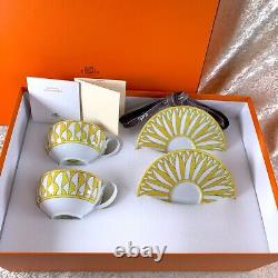 Hermes Soleil d'Hermes Tea Cup & Saucer 2 Sets Yellow Porcelain 2 Sets with Box