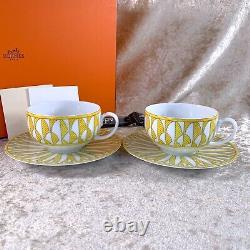 Hermes Soleil d'Hermes Tea Cup & Saucer 2 Sets Yellow Porcelain 2 Sets with Box