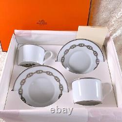 Hermes Tea Cup & Saucer Chaine d'Ancre Platinum Porcelain Tableware 2 Sets wCase