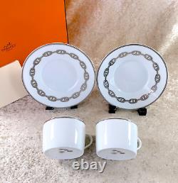 Hermes Tea Cup & Saucer Chaine d'Ancre Platinum Porcelain Tableware 2 Sets wCase