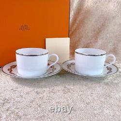 Hermes Tea Cup & Saucer Chaine d'Ancre Platinum Porcelain Tableware 2 Sets wCase