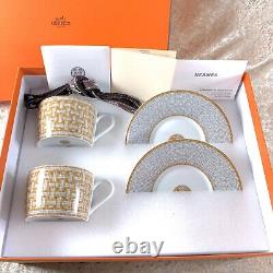 Hermes Tea Cup Saucer Mosaique Au 24 Gold 2 Sets Porcelain Tableware with Case