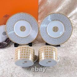 Hermes Tea Cup Saucer Mosaique Au 24 Gold 2 Sets Porcelain Tableware with Case