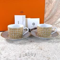 Hermes Tea Cup Saucer Mosaique Au 24 Gold 2 Sets Porcelain Tableware with Case