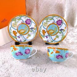 Hermes Tea Cup & Saucer Siesta Island Porcelain Tableware Blue 2 Sets with Case