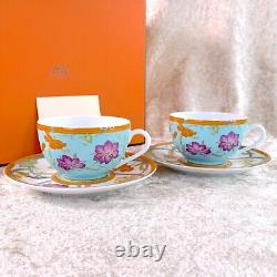 Hermes Tea Cup & Saucer Siesta Island Porcelain Tableware Blue 2 Sets with Case