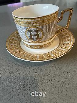 Hermes Tea Cup and Saucer Set- Gold/Orange H Logo-New