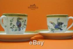 Hermes Toucan Birds Moka Cups & Saucers Set of 2 White Multi Color Porcelain