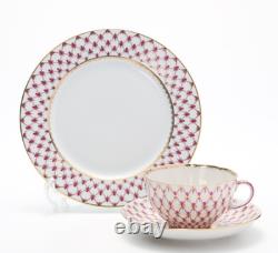 Imperial Porcelain Rose Net Pink Tea Cup & Saucer Plate Trio Set Lomonosov