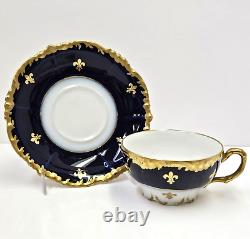 JP Limoges France J Pouyat Porcelain Cobalt & Gold Cup Saucer Set Fleur De Lis