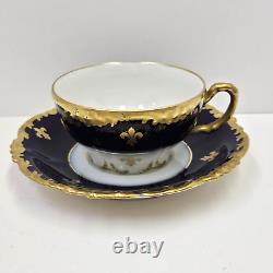 JP Limoges France J Pouyat Porcelain Cobalt & Gold Cup Saucer Set Fleur De Lis