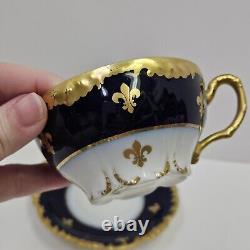 JP Limoges France J Pouyat Porcelain Cobalt & Gold Cup Saucer Set Fleur De Lis