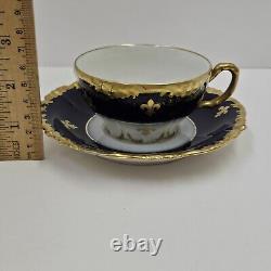 JP Limoges France J Pouyat Porcelain Cobalt & Gold Cup Saucer Set Fleur De Lis