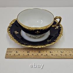 JP Limoges France J Pouyat Porcelain Cobalt & Gold Cup Saucer Set Fleur De Lis