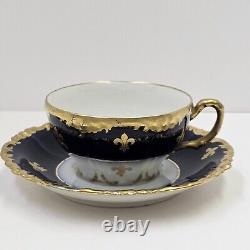 JP Limoges France J Pouyat Porcelain Cobalt & Gold Cup Saucer Set Fleur De Lis