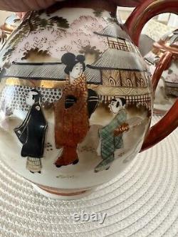 Japan KUTANI Porcelain GEISHAS Scenery Teapot Creamer Sugar Tea Cup Saucer Vtg