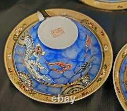 Japanese Kutani Tea Cup And Saucer Trio Set Gold Encrusted Raised Enamel Dragon