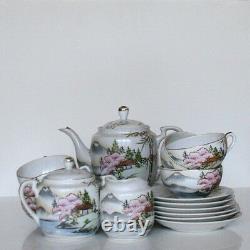 Japanese Porcelain Geisha Tea Pot Cup & Saucer Handpainted Multi-Color 1900-1940