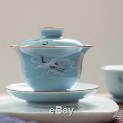 Jingdezhen porcelain galze handpainted crane poetry gaiwan ceramic tureen & lid