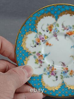 Klemm Dresden Hand Painted Floral Raised Gold & Turquoise Chocolate Cup & Saucer