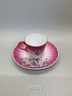 Kuznetsov Dulevo Demitasse Cup & Saucer Set Pink Blue Flowers Russian Porcelain