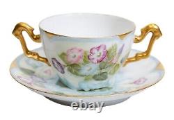 LIMOGE France T&V Hand Painted Floral Gold Gilt Porcelain Boullion Cup & Saucer