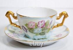 LIMOGE France T&V Hand Painted Floral Gold Gilt Porcelain Boullion Cup & Saucer