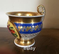 Large 19th c. Antique French Empire Old Paris Porcelain Tea Cup Blue Gold Flower
