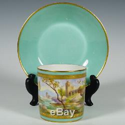 Le Tallec French Porcelain Cup & Saucer Hand Painted Coastal Scene Gold Trim