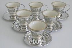 Lenox Excelsior STERLING Silver & Porcelain Demitasse Cups and Saucers 6 SETS