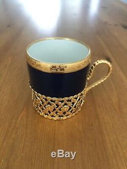 Limoges Cobalt Blue 24k gold porcelain demitasse cups and saucers set of 6