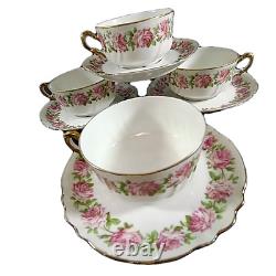 Limoges Depose France Charles Ahrenfeldt Pink Roses Set of 4 Tea Cups & Saucers