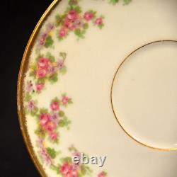Limoges Elite Bawo Dotter 4 Cups & Saucers Bridal Wreath Pink Roses 1914-1920