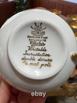 Limoges R. Leclair Incrustation Double Gilt Gold Burgundy Cup Saucer Set