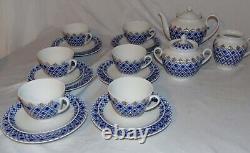 Lomonosov Russian Porcelain Cobalt Blue Snowflake Tea Set Cup Saucer 21pcs