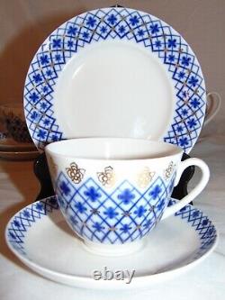 Lomonosov Russian Porcelain Cobalt Blue Snowflake Tea Set Cup Saucer 21pcs