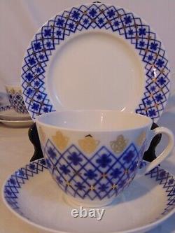 Lomonosov Russian Porcelain Cobalt Blue Snowflake Tea Set Cup Saucer 21pcs