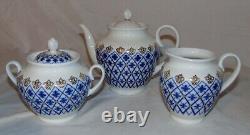 Lomonosov Russian Porcelain Cobalt Blue Snowflake Tea Set Cup Saucer 21pcs