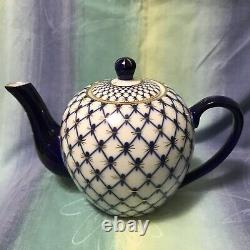 Lomonosov Russian Porcelain Cobalt Net Tea/Coffee Cup Saucer 17 Pc Set Gold Trim