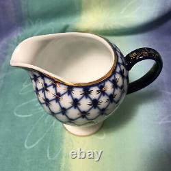 Lomonosov Russian Porcelain Cobalt Net Tea/Coffee Cup Saucer 17 Pc Set Gold Trim