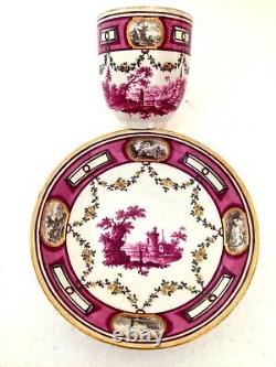 Ludwigsburg Porcelain Finest Cup & Saucer Puce Scenes & Miniature Panels C1765